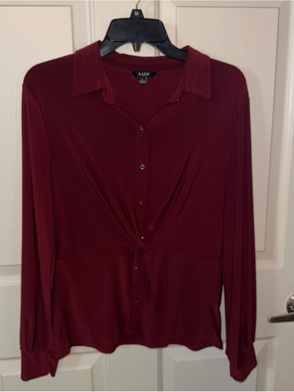 AUW Women's Burgundy Button-Up Tie-Front Blouse